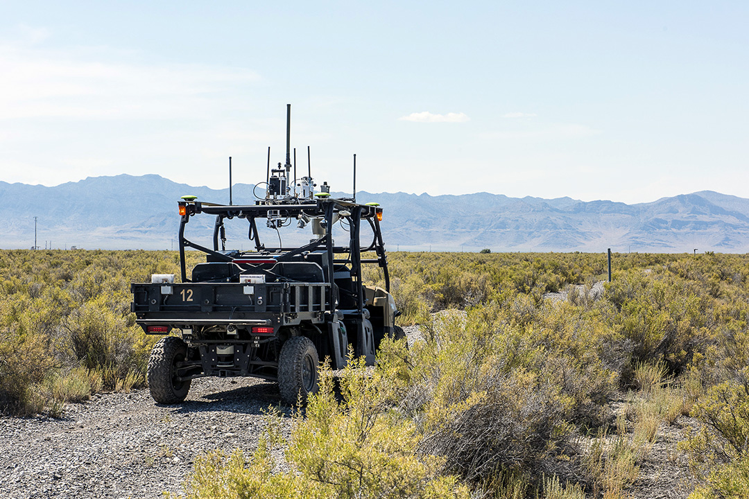 An unmanned vehicle laden with chemical and biological sensors loaded on its roof sets off on cue to intercept a simulated chemical agent cloud at the Dugway Proving Ground West Desert Test Center. (U.S. Army Photo / Albert C Vogel/Dugway Proving Ground Public Affairs) 