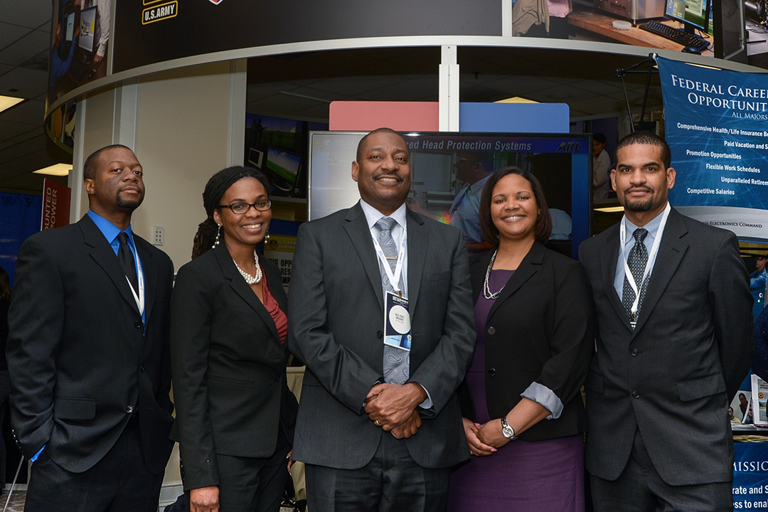 ECBC employees who were recipients of the Modern-Day Technology Leader award stand with Eric Moore, Ph.D., director of ECBC’s Research and Technology Directorate, at the 2017 BEYA STEM Global Competitiveness Conference in Washington, D.C. Pictured are, left to right, Troy Thompson, Monicia Hall, Dr. Moore, Laura Graham and Chika Nzelibe.