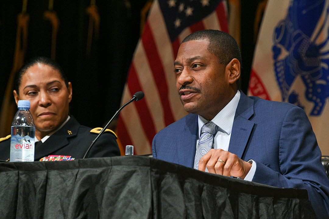U.S. Army Edgewood Chemical Biological Center Director Eric Moore, Ph.D., shared with the audience some of the factors that led him to serve in the Army during a Black History Month panel discussion.