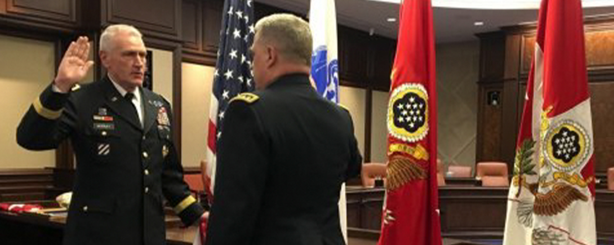 Gen. John M. Murray recites the commissioned officer oath of office during his promotion ceremony held at the newly appointed headquarters location for Army Futures Command in Austin, Texas.