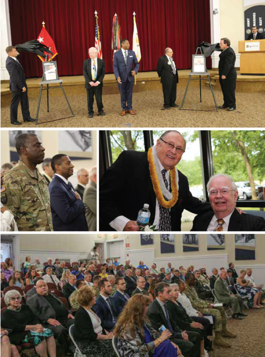 Clockwise from top: Jim Baker, Ph.D. (left) and Harry Salem, Ph.D. (right) witness the unveiling of their Hall of Fame plaques. Harry Salem, Ph.D. and Jim Baker, Ph.D. enjoying the Hall of Fame reception. Family, friends and colleagues await the start of the Hall of Fame ceremony. Maj. Gen. Cedric Wins (left) and Eric Moore, Ph.D. (right) stand as the colors are presented.