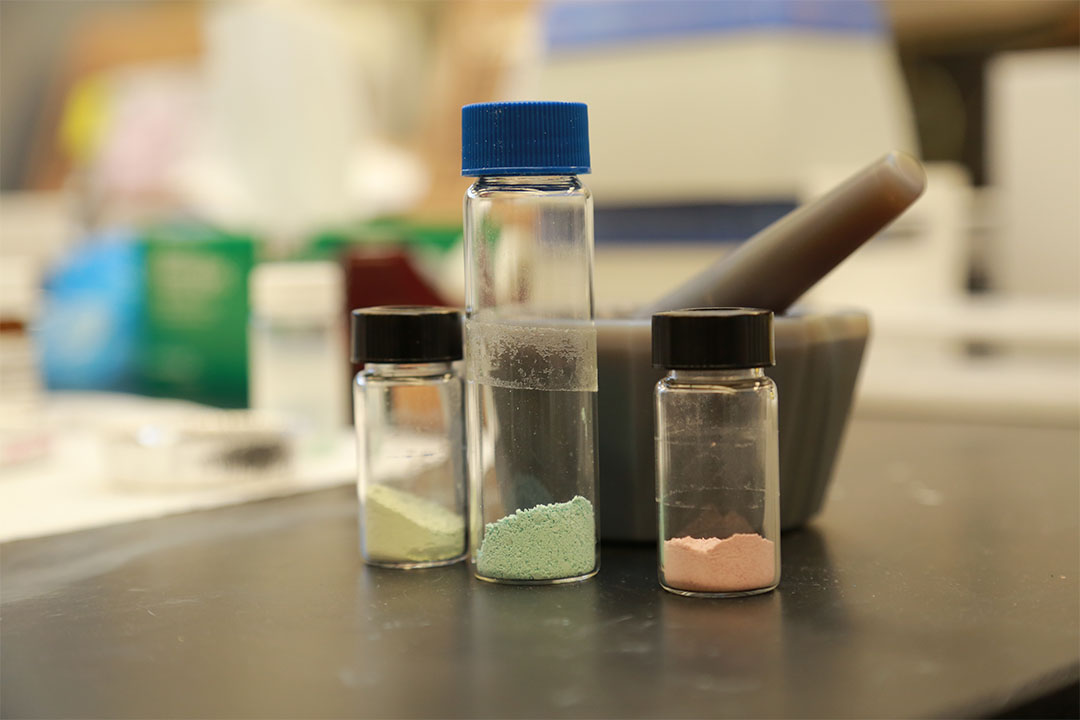 After being ground into a fine powder, self-indicating colorimetric response materials can be developed into various applications. (Photo credit: CCDC Chemical Biological Center photo by Shawn Nesaw)