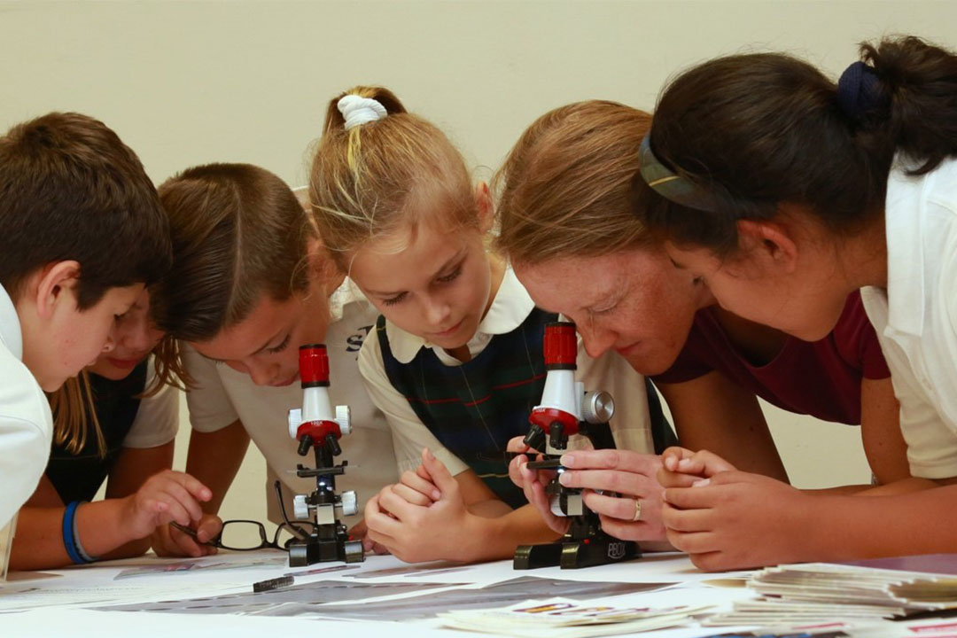 Alena Calm assists students with focusing a microscope on a fly wing. (Photo credit: CCDC Chemical Biological Center photo by Shawn Nesaw)