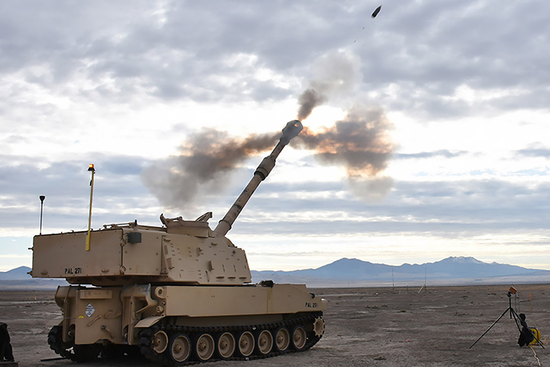 During the live-fire tests at Dugway Proving Ground, the M109A6 Paladin was used to fire M110A2 M155 howitzer and M795 mm High Explosive rounds for the data collection event. Ground Combat Directorate, Yuma Proving Grounds fired close to 200 rounds during the event. (Photo credit: Dugway Proving Ground Public Affairs Office.)
