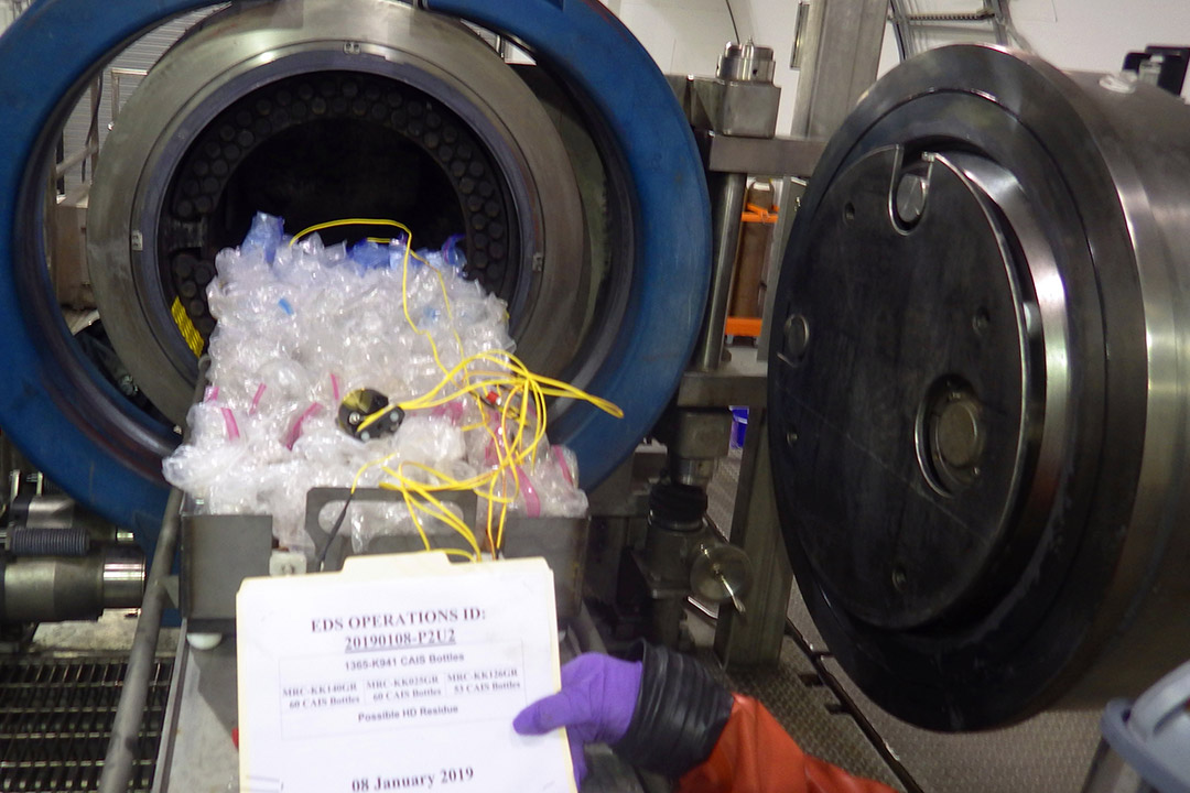 A tray of chemical agent identification sets is prepared for destruction using the Explosive Destruction System at Pine Bluff Arsenal (Photo credit: CCDC Chemical Biological Center)