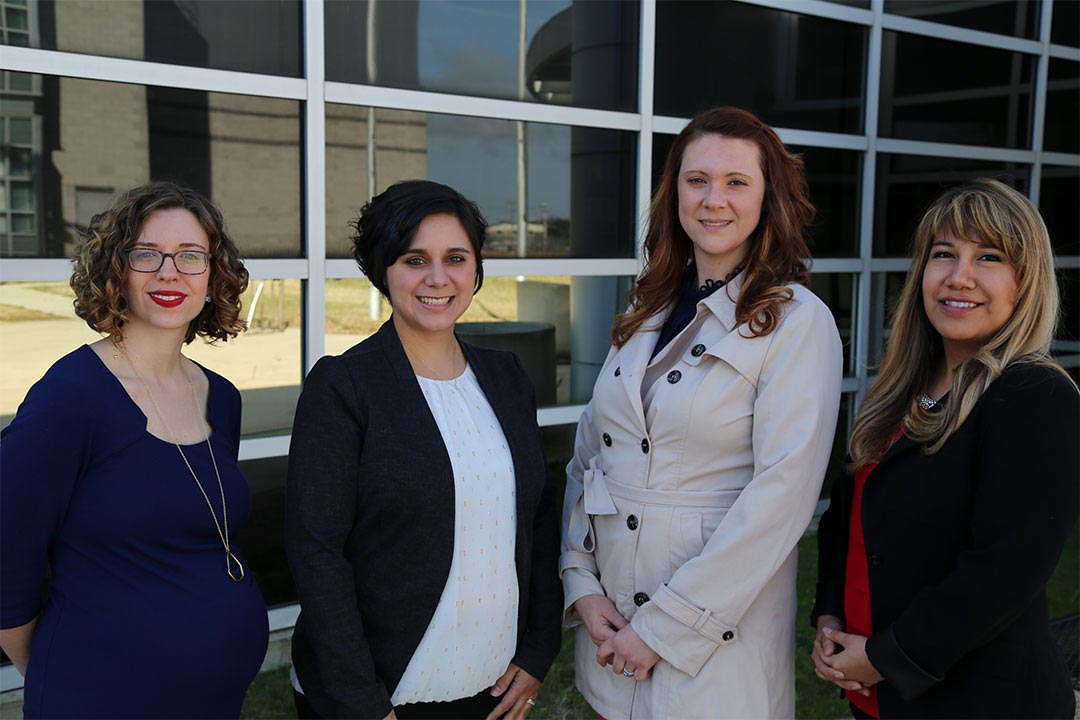 Leading women researchers at the U.S. Army Combat Capabilities Development Command Chemical Biological Center. L-R: Elizabeth Dhummakupt, Megan Hower, Erin Durke & Jennifer Soliz
