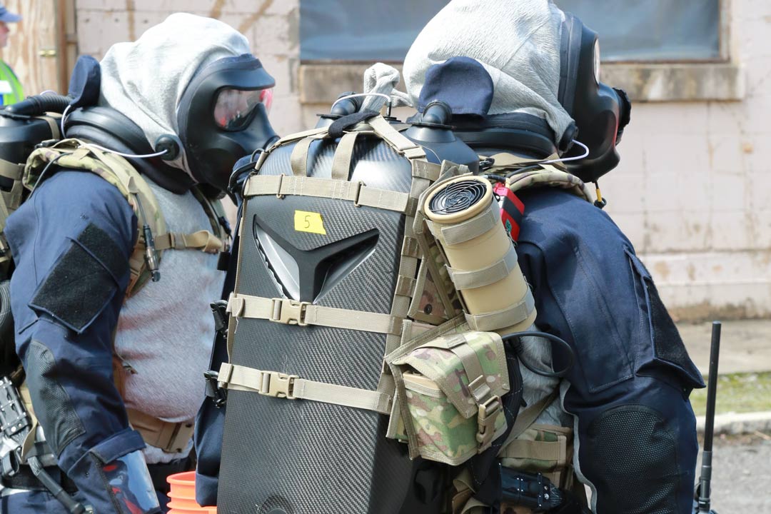 Soldiers from the 35th Civil Support Team, West Virginia National Guard, conduct operations while wearing the Full Spectrum Respiratory Protection System (Photo by Shawn Nesaw, CCDC Chemical Biological Center)