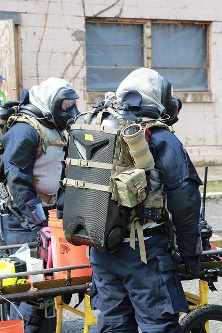 Soldiers from the 35th Civil Support Team, West Virginia National Guard, conduct operations while wearing the Full Spectrum Respiratory Protection System.