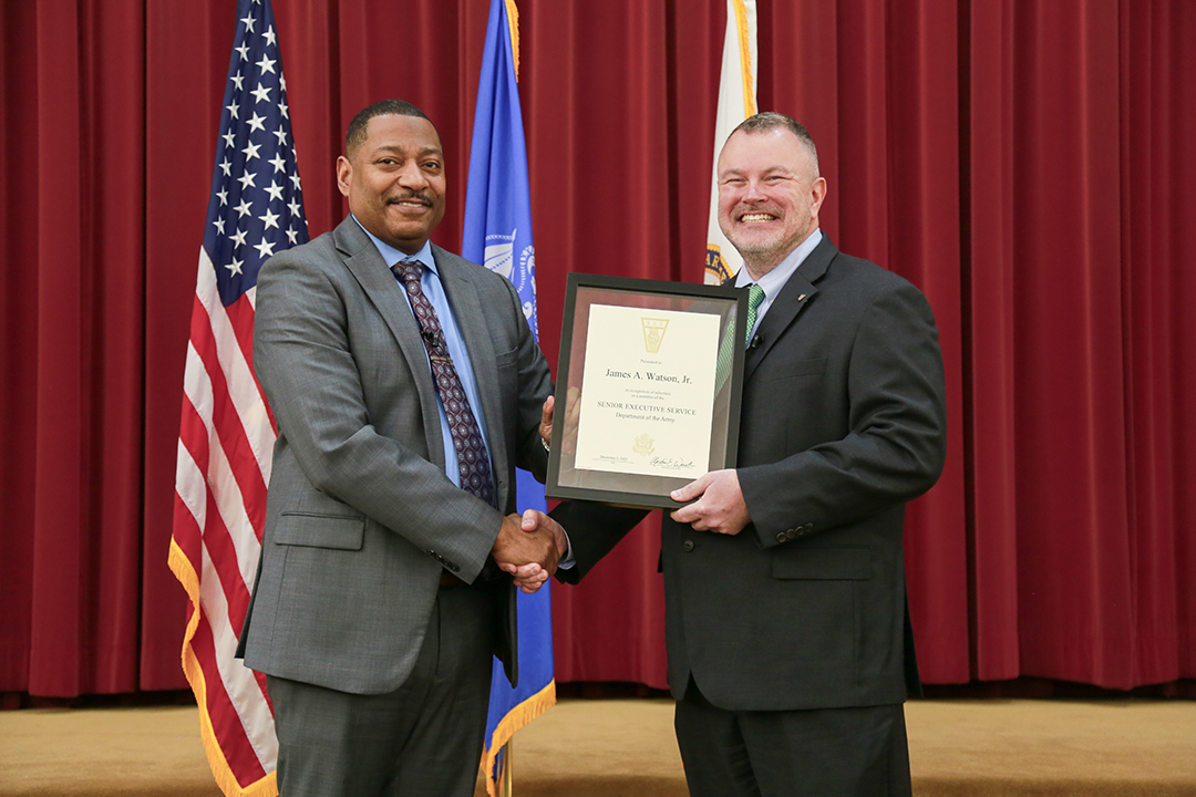 Dr. Eric Moore presented Dr. James Watson with the SES certificate during Watson’s SES Induction Ceremony held at DEVCOM CBC on January 18, 2024, recognizing him as the Center’s newest Engineering Director. (U.S. Army photo by Ellie White)