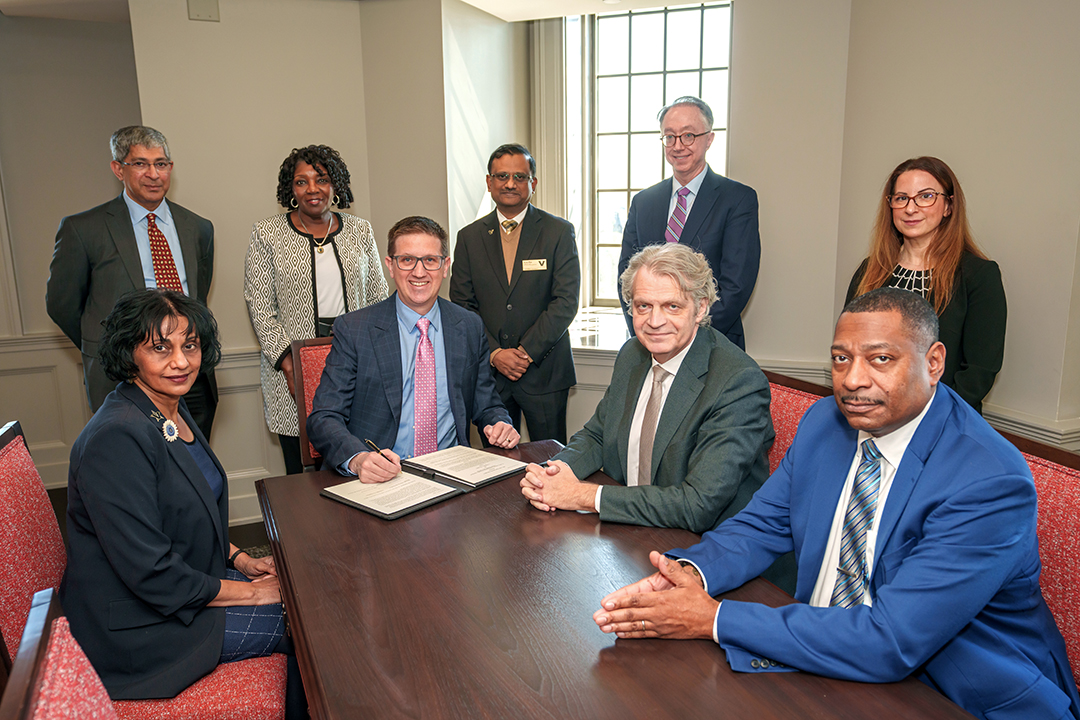 Michael Bailey, DEVCOM Chemical Biological Center Director (left), and Daniel Diermeier, Chancellor of Vanderbilt University (right), conducted an Educational Partnership Agreement signing ceremony at the VU campus on March 28, 2024. Also participating in the ceremony were Padma Raghavan, VU Vice Provost for Research and Innovation (far left) and Dr. Eric Moore, DEVCOM Deputy to the Commanding General (far right).